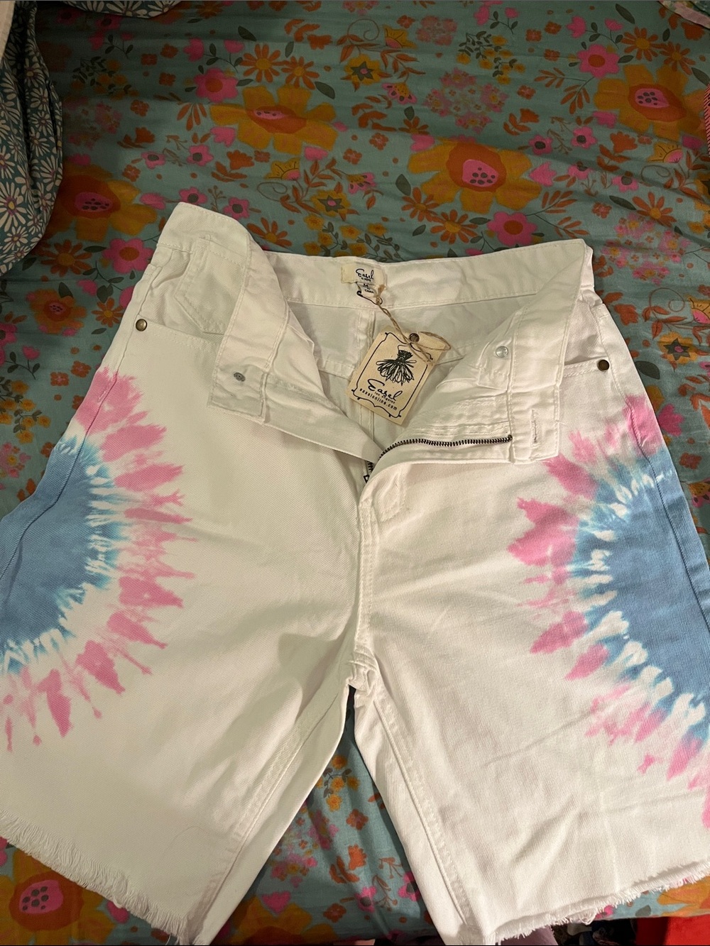easel White Tie-Dye Ankle Denim Shorts with Pink & Blue Accents